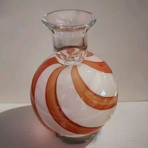 Modern Glass Candle Holder Handblown Orange Swirl Heavy Round 5" Smooth Pontil
